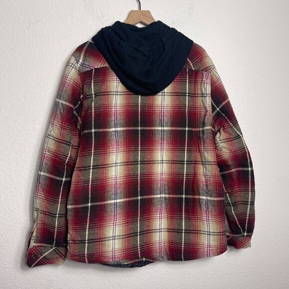 Legendary Outfitters Plaid Shacket Large Red/Brown Hooded Snap Front Drawstring - Picture 11 of 13